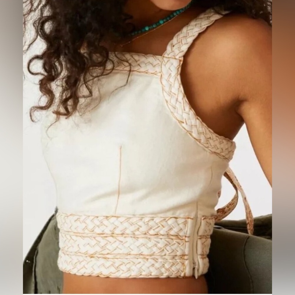 Anthropologie Pilcro Patchwork Cami Cream Braided Crop Bow Tie Back Small Boho